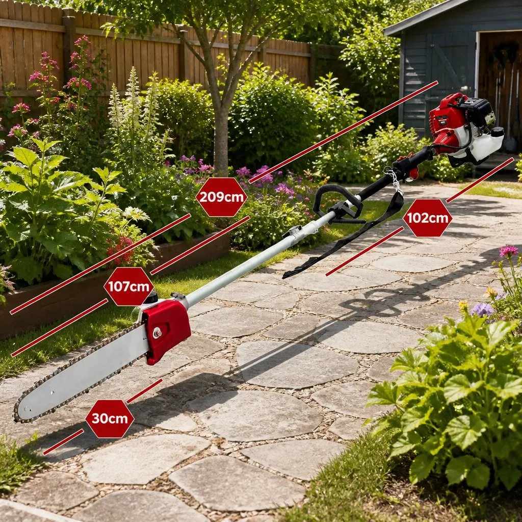 52cc Pole Chainsaw 2 Stroke Petrol Garden Tool 12 Inch Bar Red 7 Piece