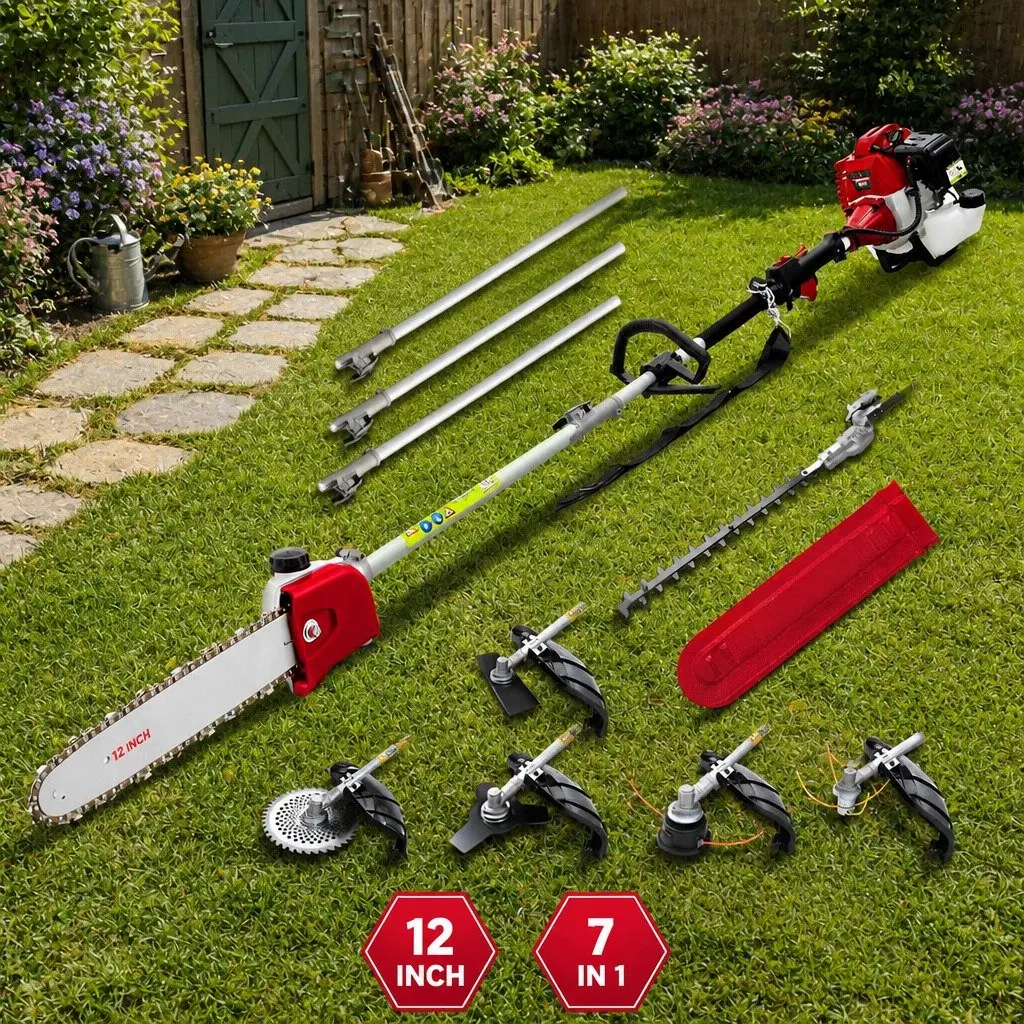 52cc Pole Chainsaw 2 Stroke Petrol Garden Tool 12 Inch Bar Red 7 Piece
