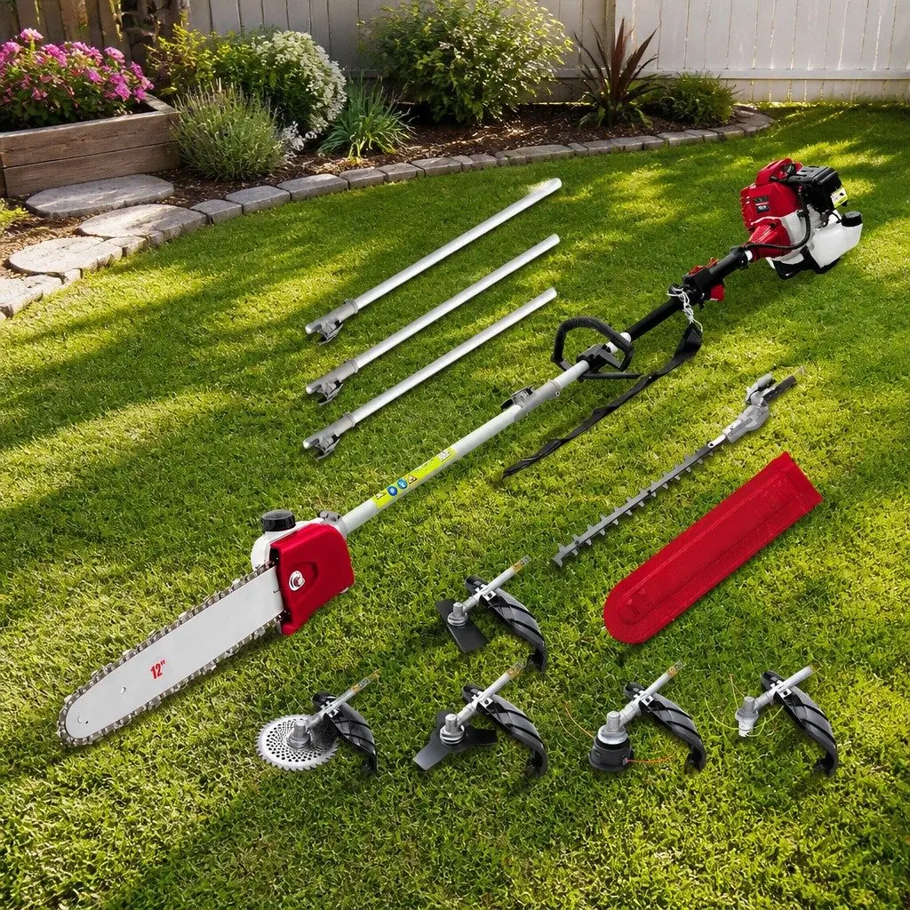 52cc Pole Chainsaw 2 Stroke Petrol Garden Tool 12 Inch Bar Red 7 Piece