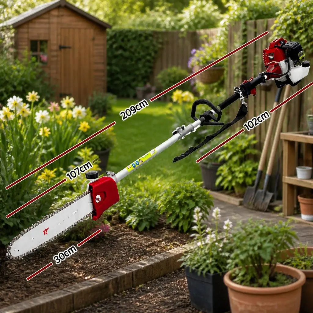 Pole Chainsaw 2 Stroke Petrol Pruner 52cc 2-in-1 Hedge Trimmer Long Reach 5.6m Black