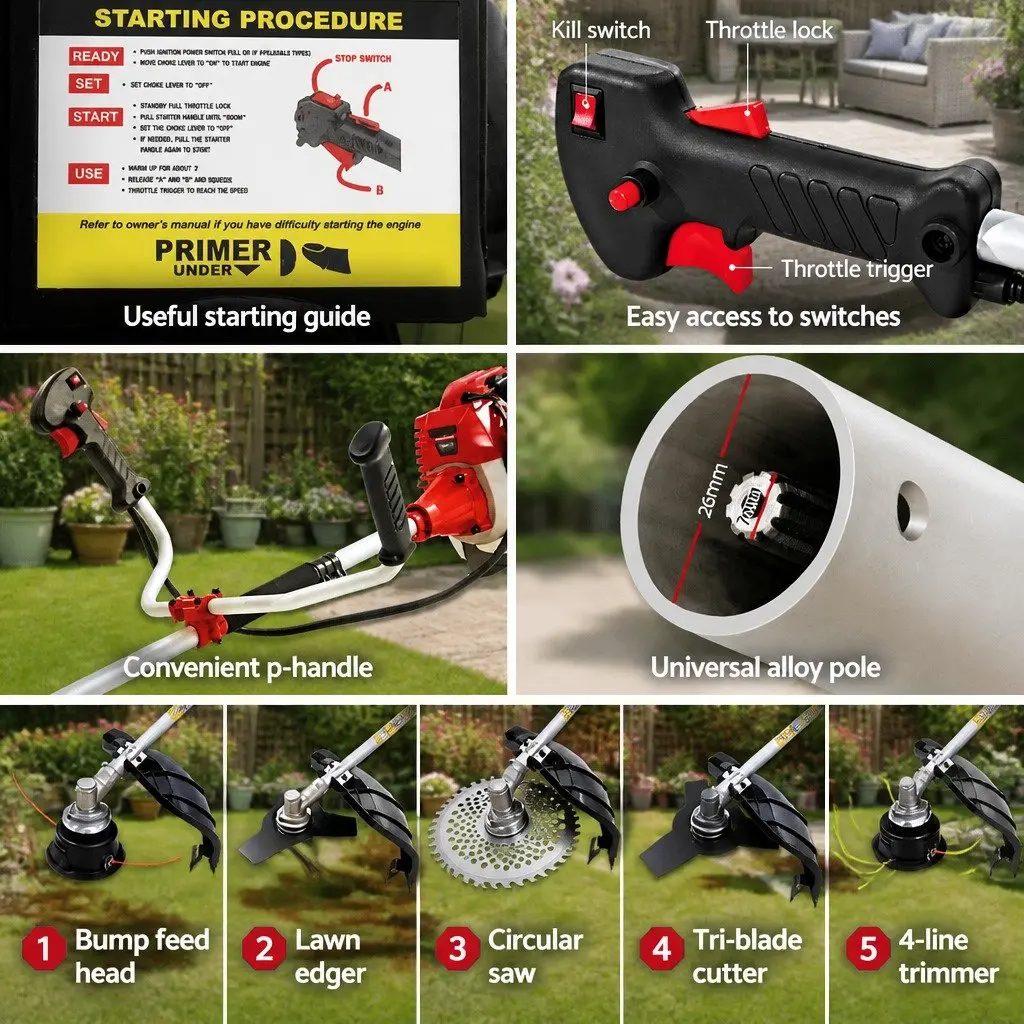 Pole Chainsaw 5 In 1 Multi-Tool Petrol Hedge Trimmer Tree Pruner 52cc Red