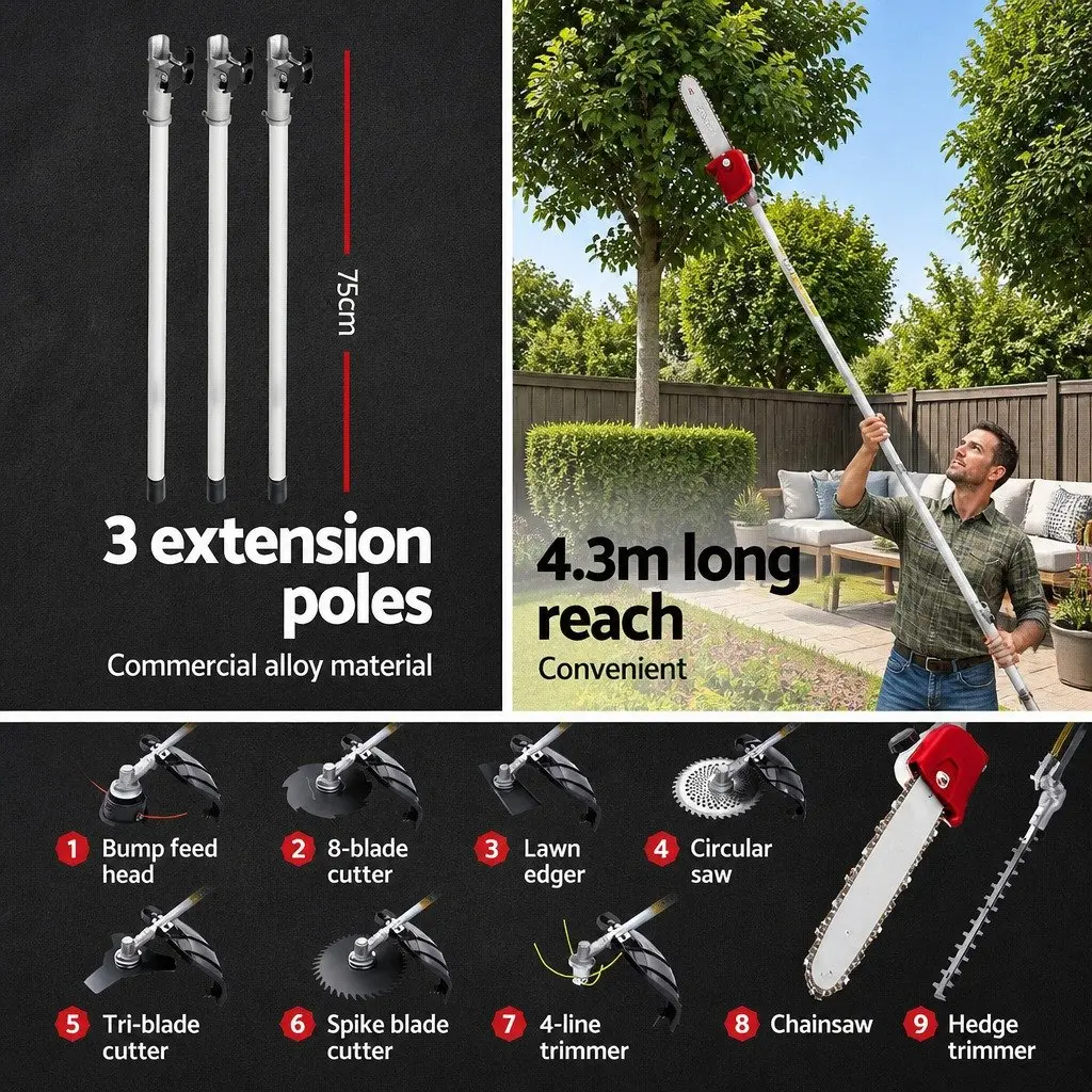 Pole Chainsaw 9 In 1 Multi Tool Petrol 52cc 2 Stroke Hedge Trimmer Red