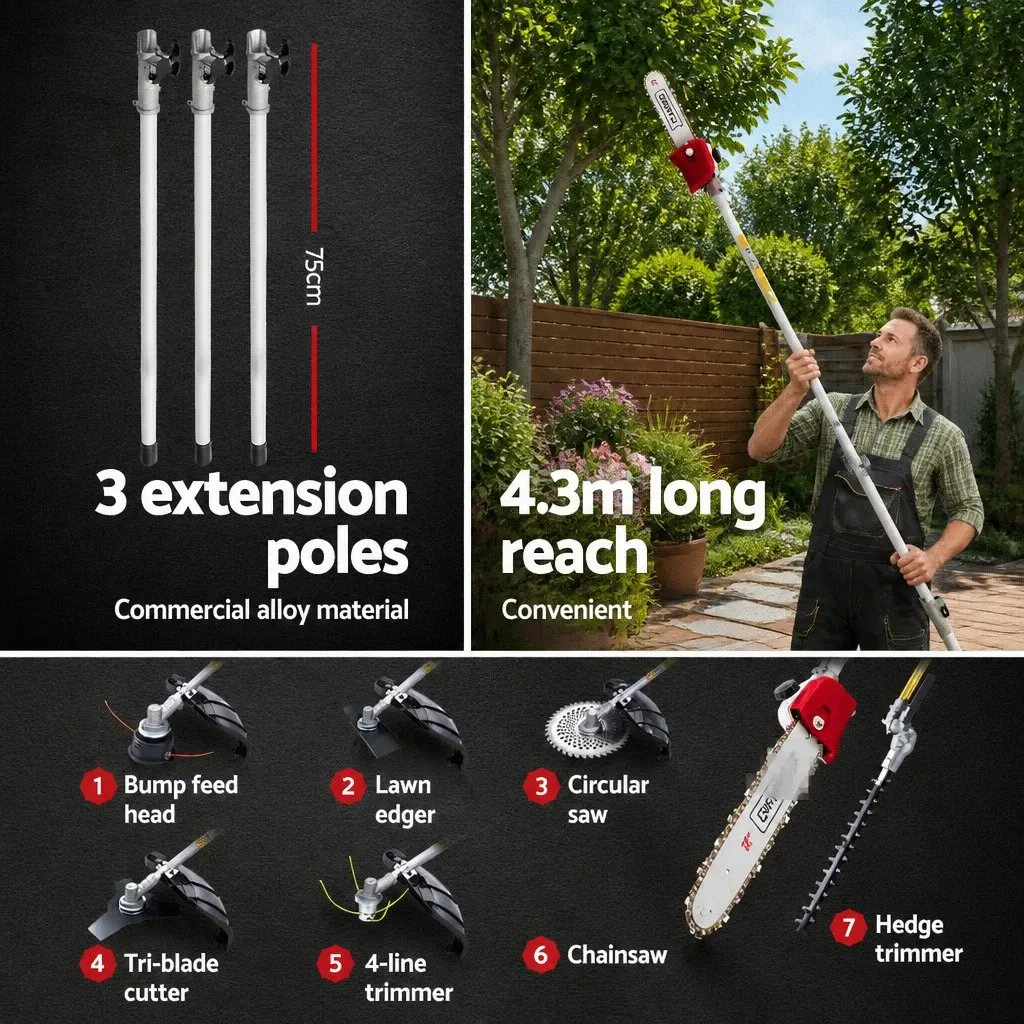 Pole Chainsaw 52cc 2 Stroke Petrol Hedge Trimmer Tree Pruner Cutter Red