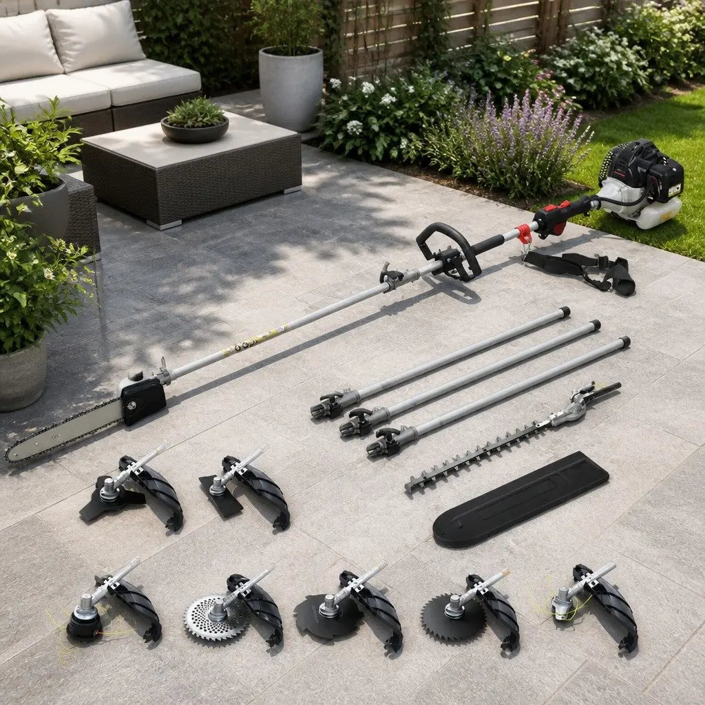Pole Chainsaw Hedge Trimmer Brush Cutter Whipper Snipper 9 in 1 Multi Tool 65cc Petrol Silver Black
