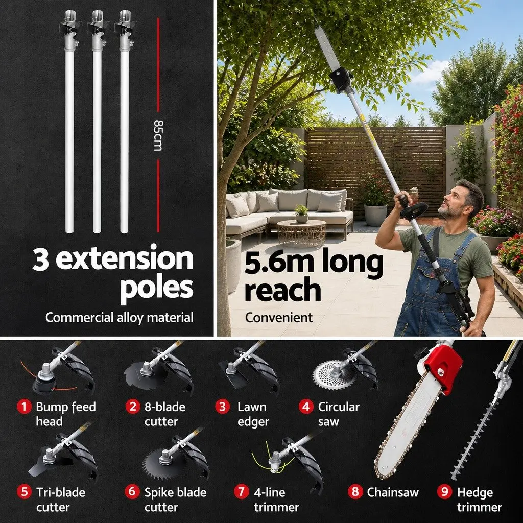 Pole Chainsaw Hedge Trimmer Brush Cutter Whipper Snipper 9 in 1 Multi Tool