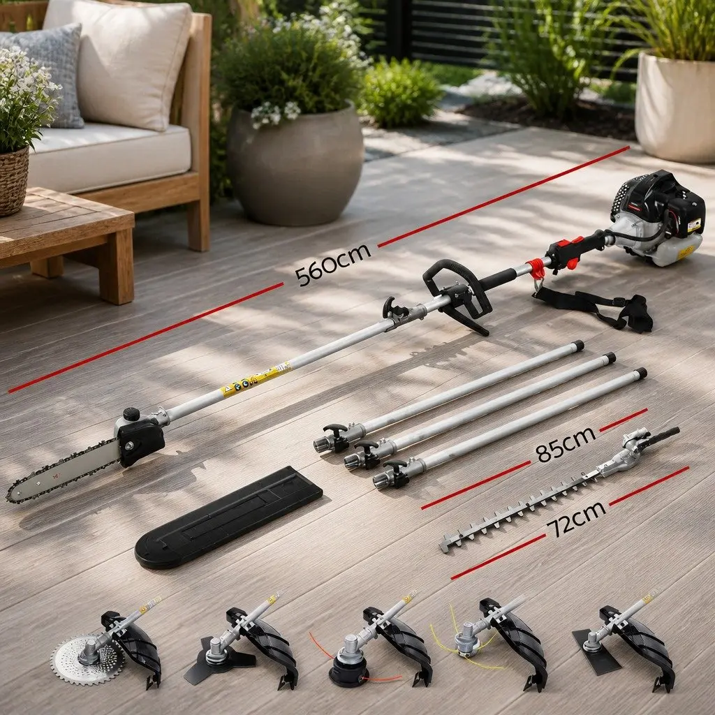 65CC Petrol Pole Chainsaw 7-in-1 Multi-Tool Gardening System with Hedge Trimmer Brush Cutter Whipper Snipper and Three Extension Poles Silver Black