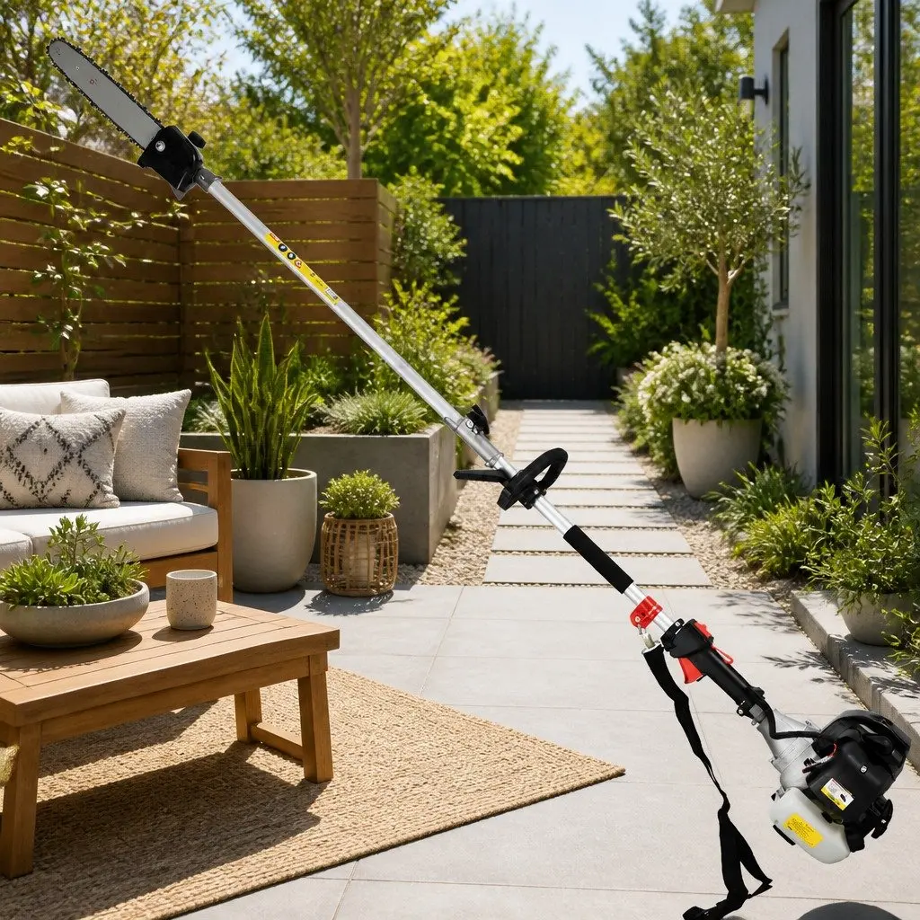 65CC Petrol Pole Chainsaw 7-in-1 Multi-Tool Gardening System with Hedge Trimmer Brush Cutter Whipper Snipper and Three Extension Poles Silver Black