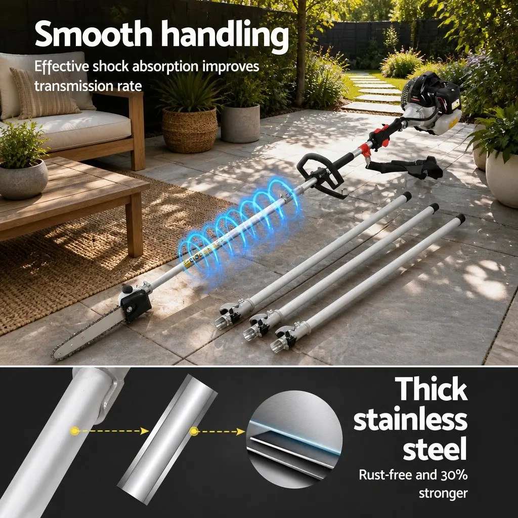 65CC Petrol Pole Chainsaw 7-in-1 Multi-Tool Gardening System with Hedge Trimmer Brush Cutter Whipper Snipper and Three Extension Poles Silver Black