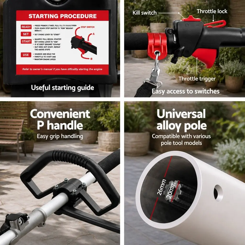 65CC Petrol Pole Chainsaw 7-in-1 Multi-Tool Gardening System with Hedge Trimmer Brush Cutter Whipper Snipper and Three Extension Poles Silver Black