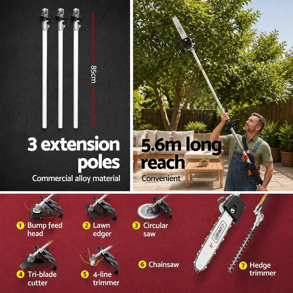 65CC Petrol Pole Chainsaw 7-in-1 Multi-Tool Gardening System with Hedge Trimmer Brush Cutter Whipper Snipper and Three Extension Poles Silver Black