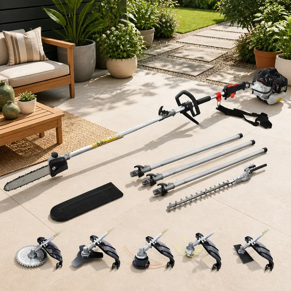 65CC Petrol Pole Chainsaw 7-in-1 Multi-Tool Gardening System with Hedge Trimmer Brush Cutter Whipper Snipper and Three Extension Poles Silver Black