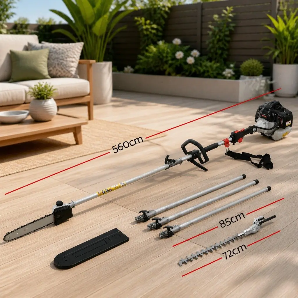 65cc Petrol Pole Chainsaw Hedge Trimmer 2-in-1 Pruner Tool 5.6m Reach Silver Black