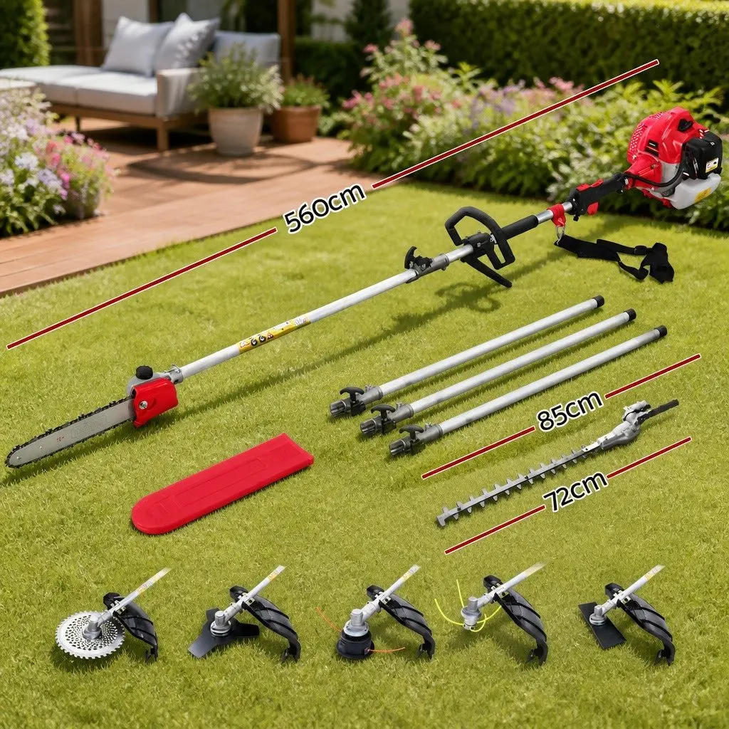 65CC Pole Chainsaw Hedge Trimmer Brush Cutter Whipper Snipper 7-in-1 Garden Tool Red and Black