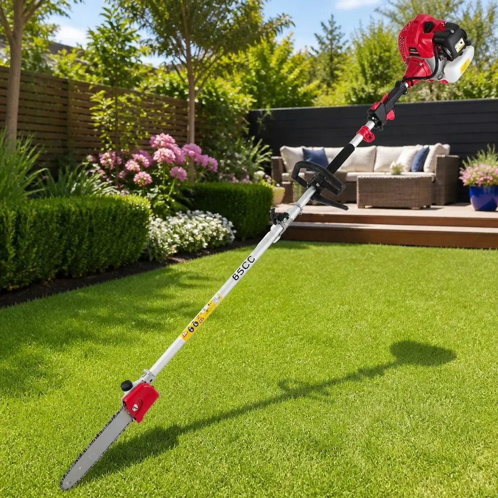 65CC Pole Chainsaw Hedge Trimmer Brush Cutter Whipper Snipper 7-in-1 Garden Tool Red and Black