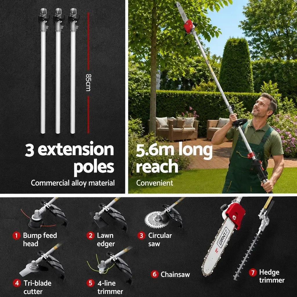 65CC Pole Chainsaw Hedge Trimmer Brush Cutter Whipper Snipper 7-in-1 Garden Tool Red and Black