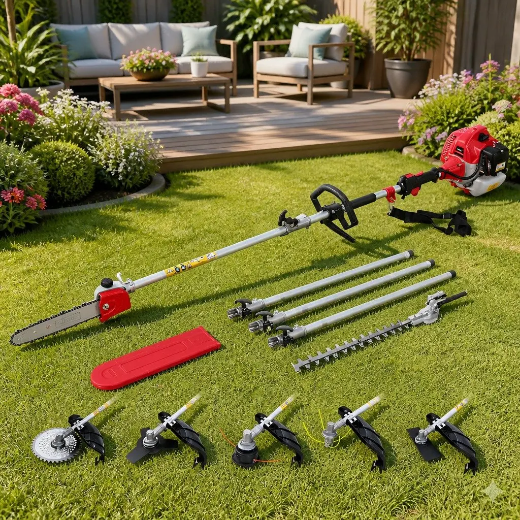 65CC Pole Chainsaw Hedge Trimmer Brush Cutter Whipper Snipper 7-in-1 Garden Tool Red and Black