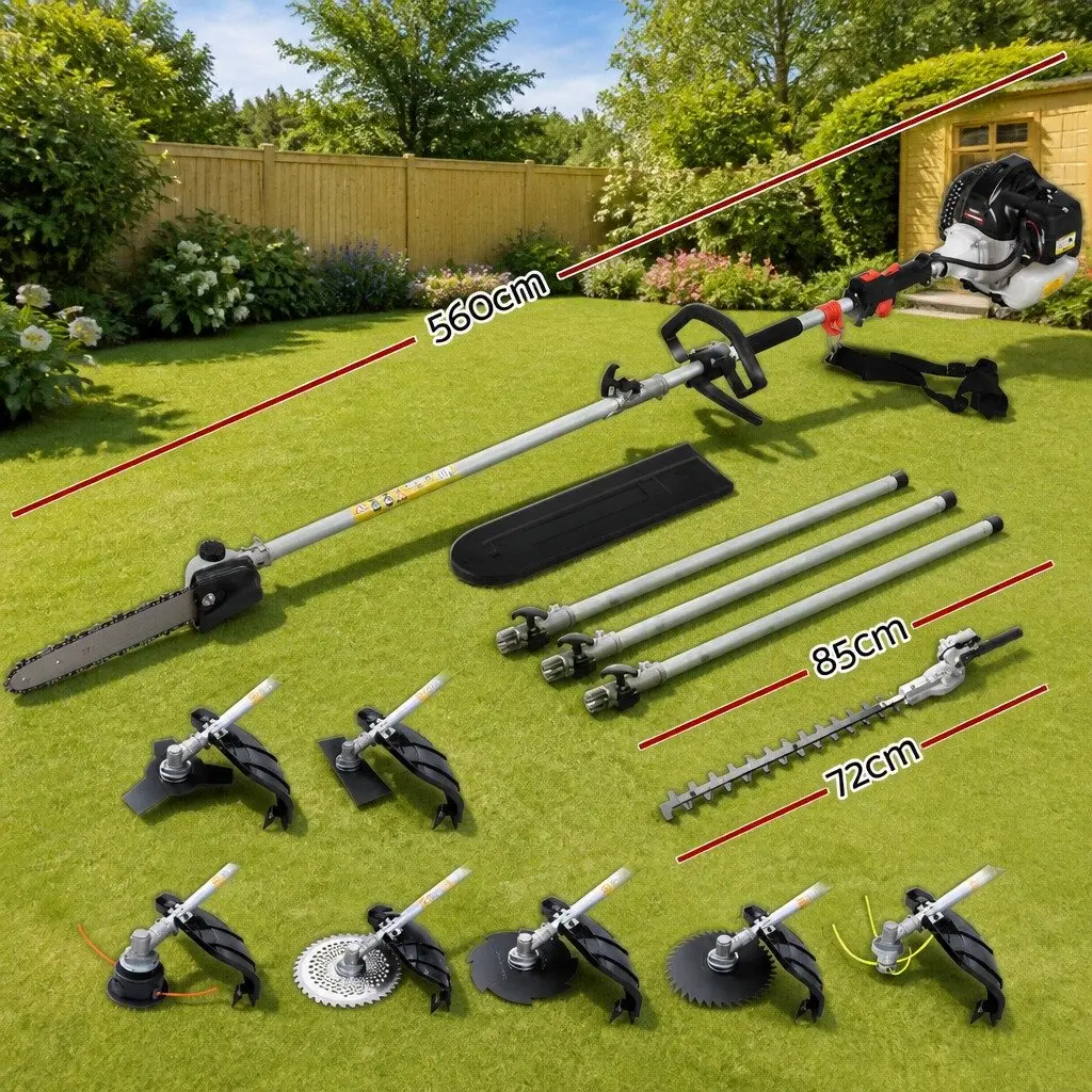 62CC Pole Chainsaw Hedge Trimmer Brush Cutter Whipper Snipper 9-in-1 Garden Tool Silver Black