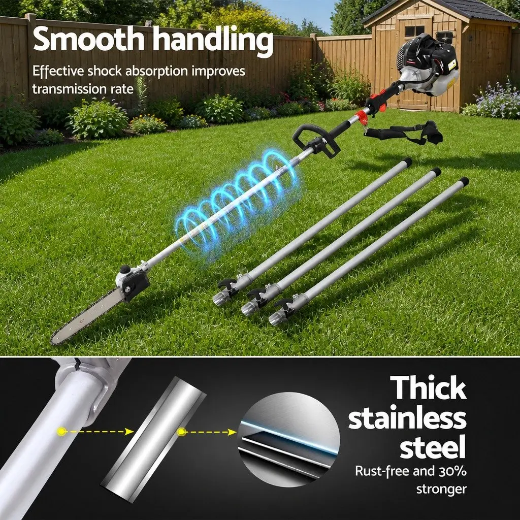 62CC Pole Chainsaw Hedge Trimmer Brush Cutter Whipper Snipper 9-in-1 Garden Tool Silver Black