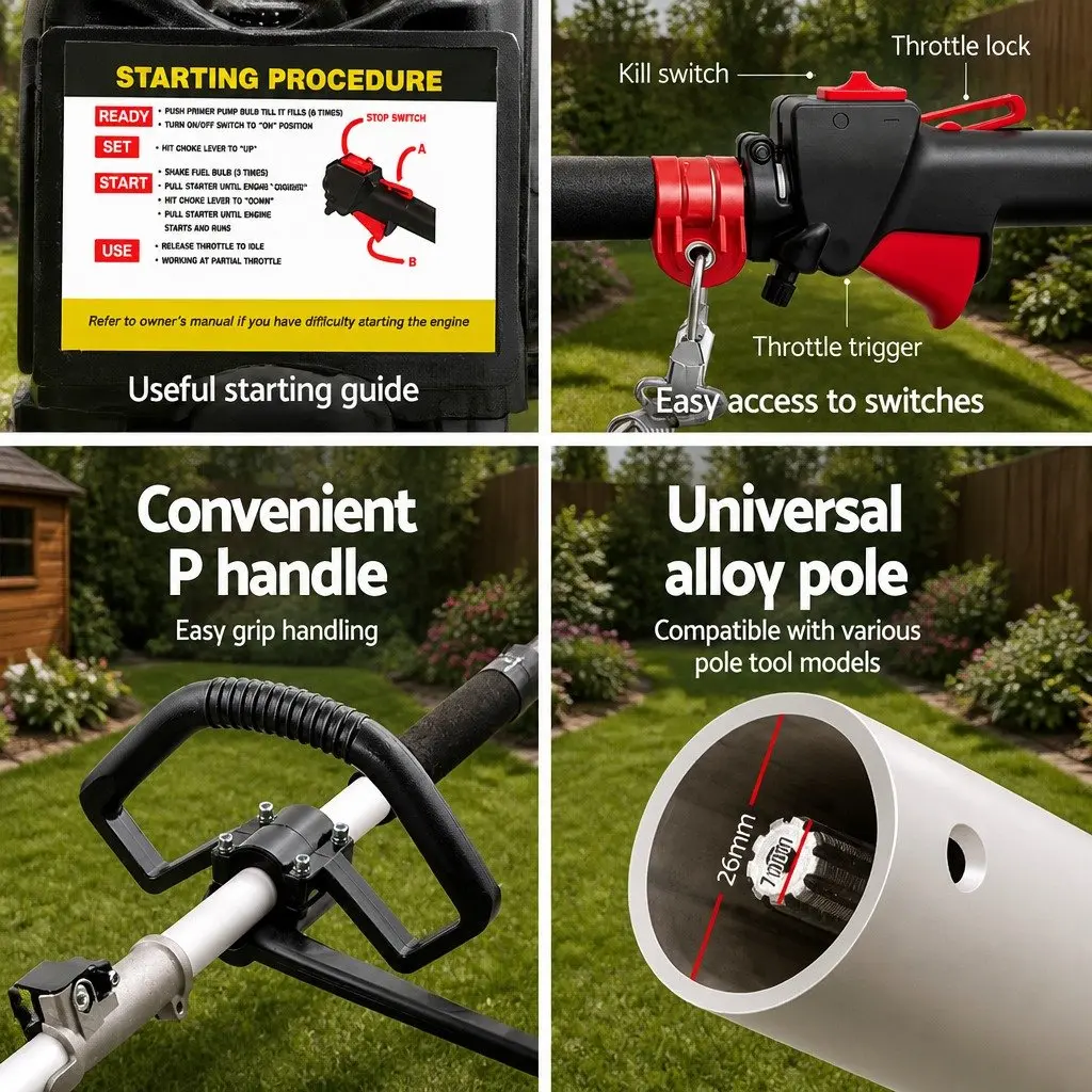 62CC Pole Chainsaw Hedge Trimmer Brush Cutter Whipper Snipper 9-in-1 Garden Tool Silver Black