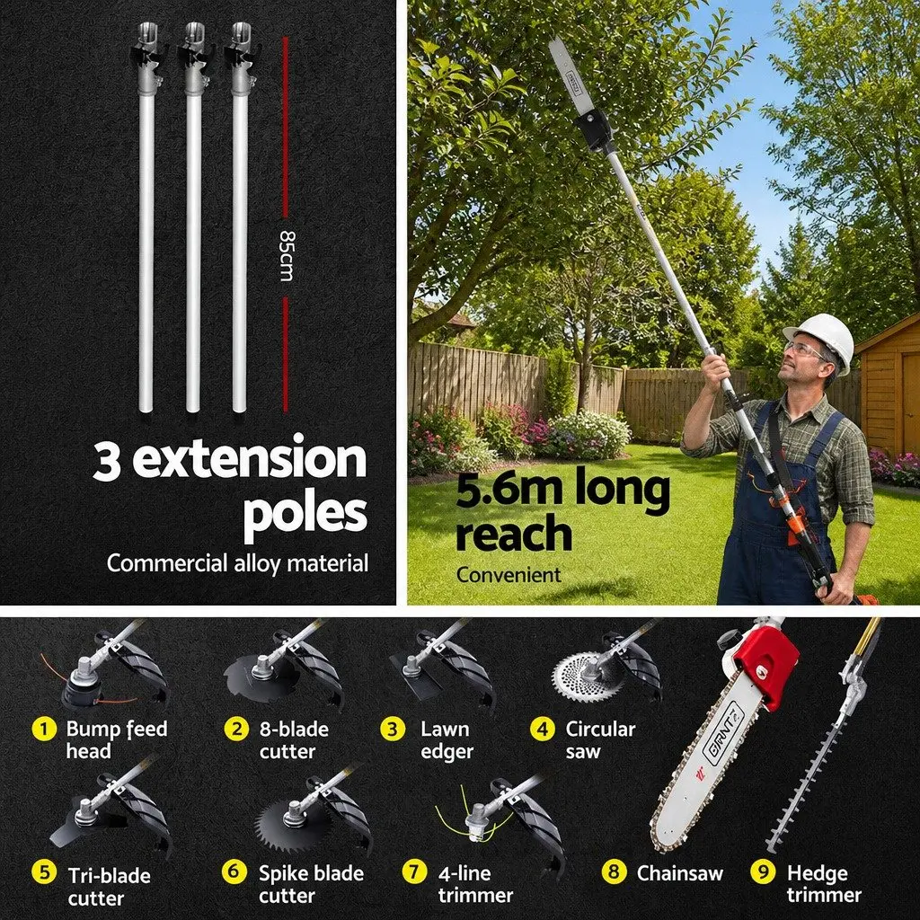 62CC Pole Chainsaw Hedge Trimmer Brush Cutter Whipper Snipper 9-in-1 Garden Tool Silver Black