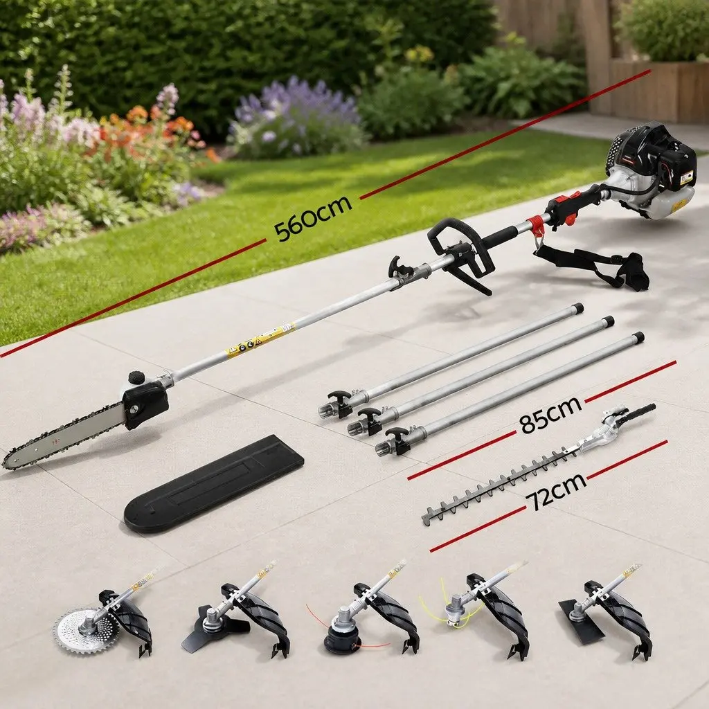 62cc Pole Chainsaw Hedge Trimmer Brush Cutter Whipper Snipper 7-in-1 5.6m Reach Black