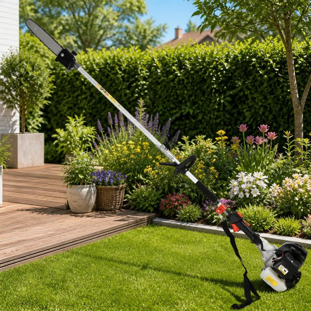 62cc Pole Chainsaw Hedge Trimmer Brush Cutter Whipper Snipper 7-in-1 5.6m Reach Black