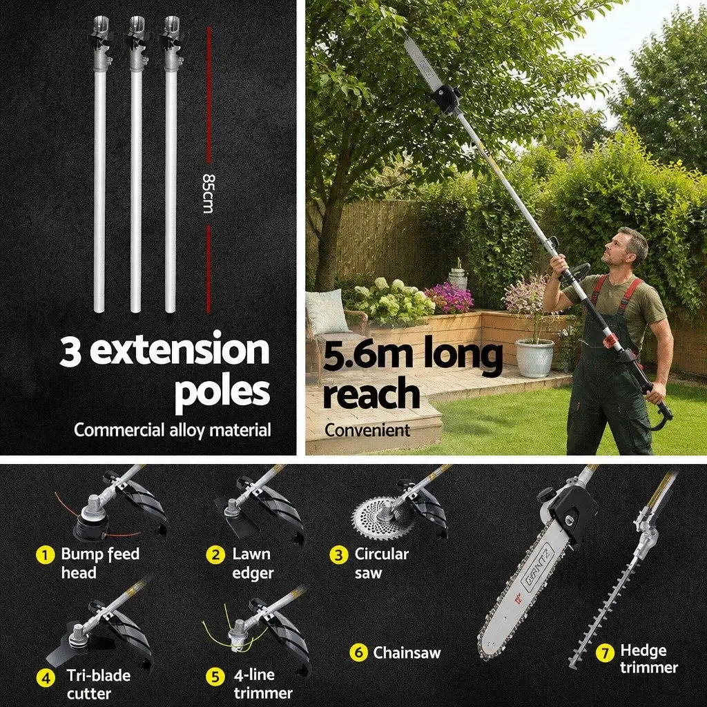 62cc Pole Chainsaw Hedge Trimmer Brush Cutter Whipper Snipper 7-in-1 5.6m Reach Black