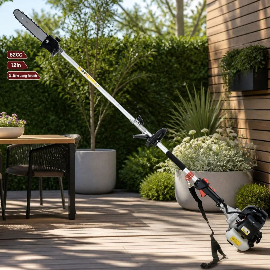Pole Chainsaw Hedge Trimmer 62CC 5.6m Reach Petrol Garden Tool Silver and Black