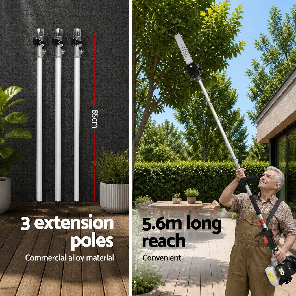 Pole Chainsaw Hedge Trimmer 62CC 5.6m Reach Petrol Garden Tool Silver and Black