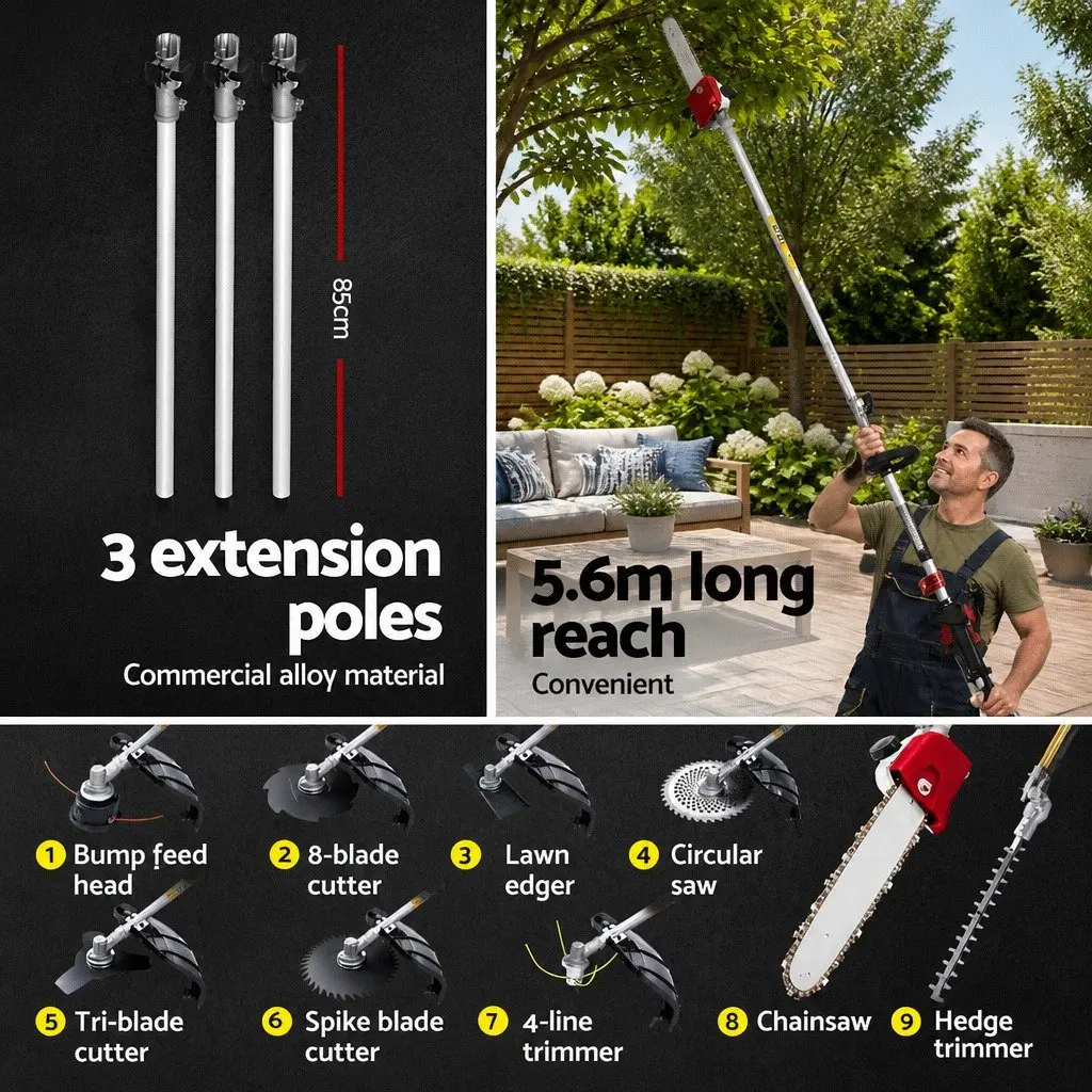 62CC Pole Chainsaw Hedge Trimmer Brush Cutter Whipper Snipper 9-in-1 Tool 5.6m