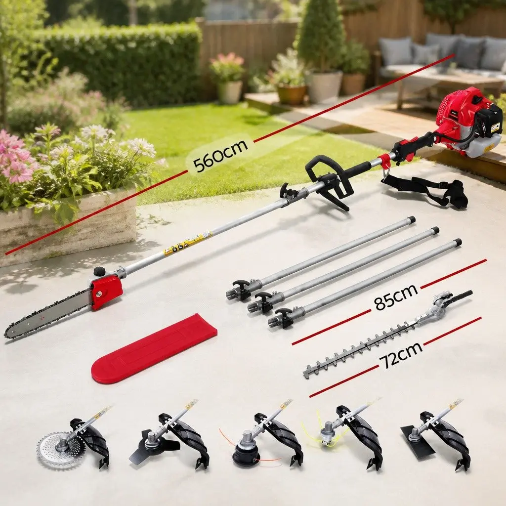 62CC Pole Chainsaw Multi-Tool Hedge Trimmer Brush Cutter Whipper Snipper 5.6m Red Black