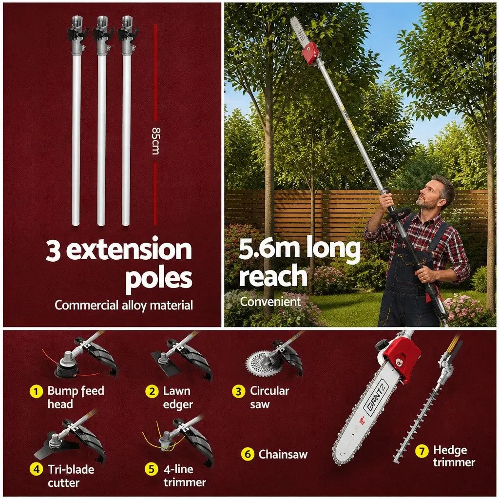 62CC Pole Chainsaw Multi-Tool Hedge Trimmer Brush Cutter Whipper Snipper 5.6m Red Black