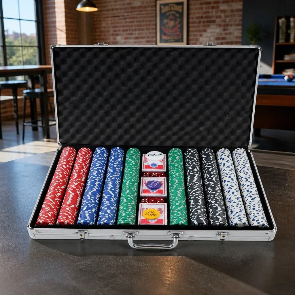 Poker Chips Set Casino Game 1000 Piece with Playing Cards Dices Lockable Case