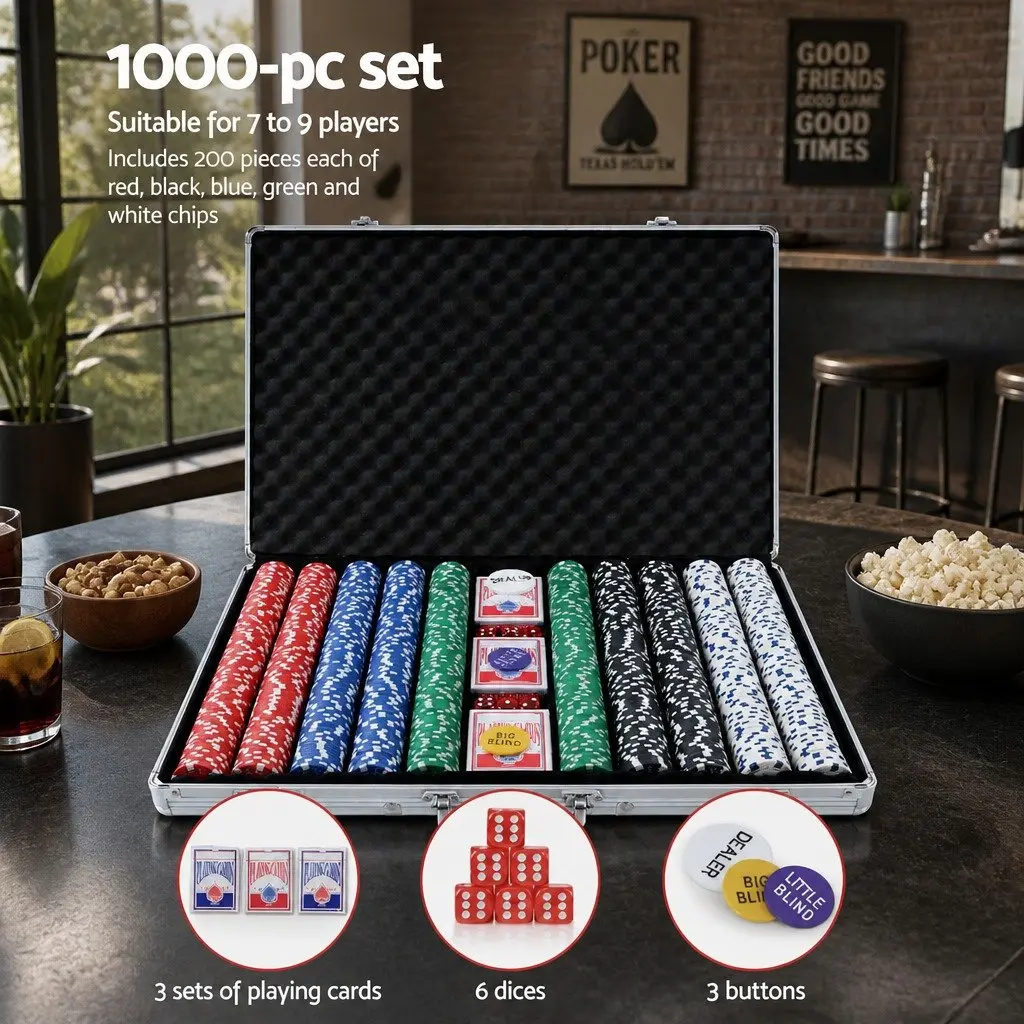 Poker Chips Set Casino Game 1000 Piece with Playing Cards Dices Lockable Case