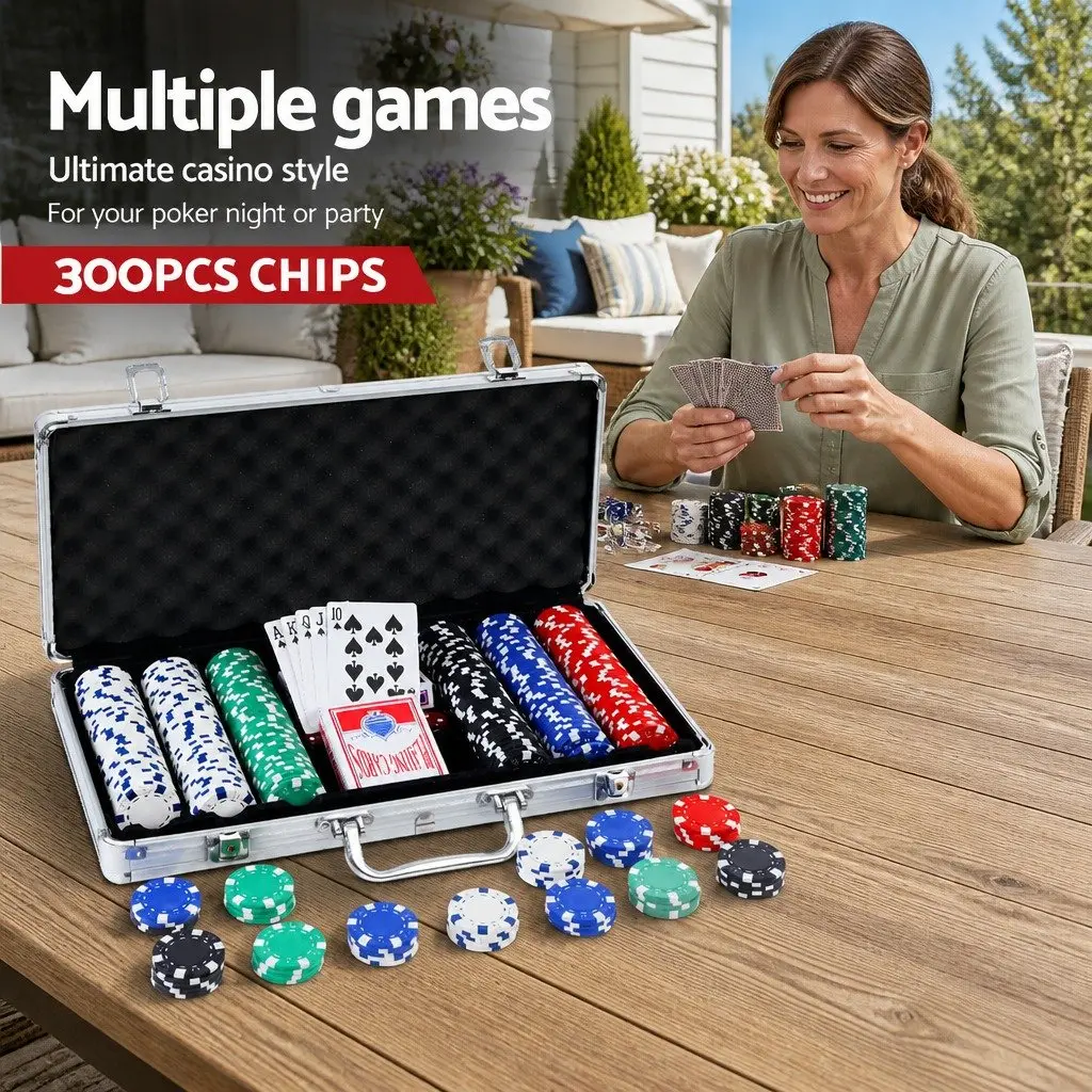 Poker Chips Set Casino Game 300 Piece with Playing Cards Dice and Dealer Buttons in Lockable Aluminium Case