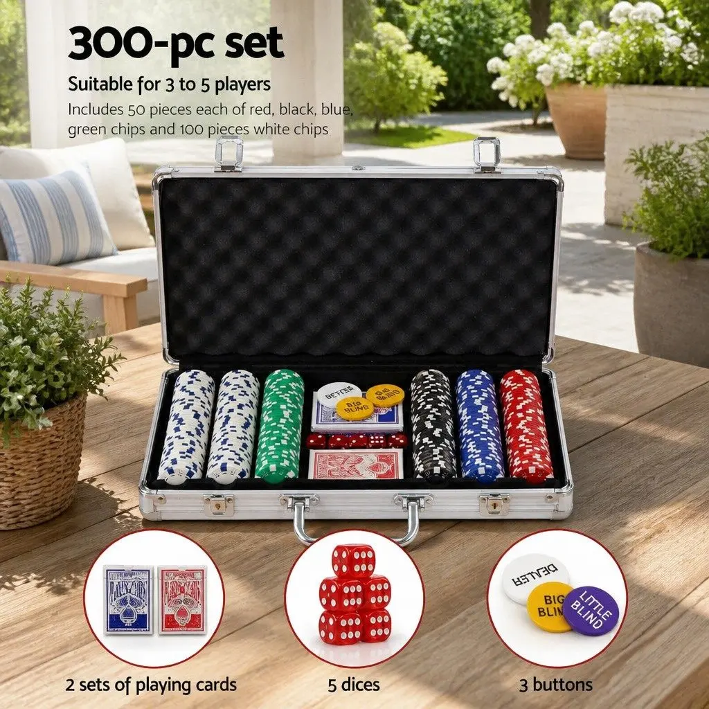 Poker Chips Set Casino Game 300 Piece with Playing Cards Dice and Dealer Buttons in Lockable Aluminium Case