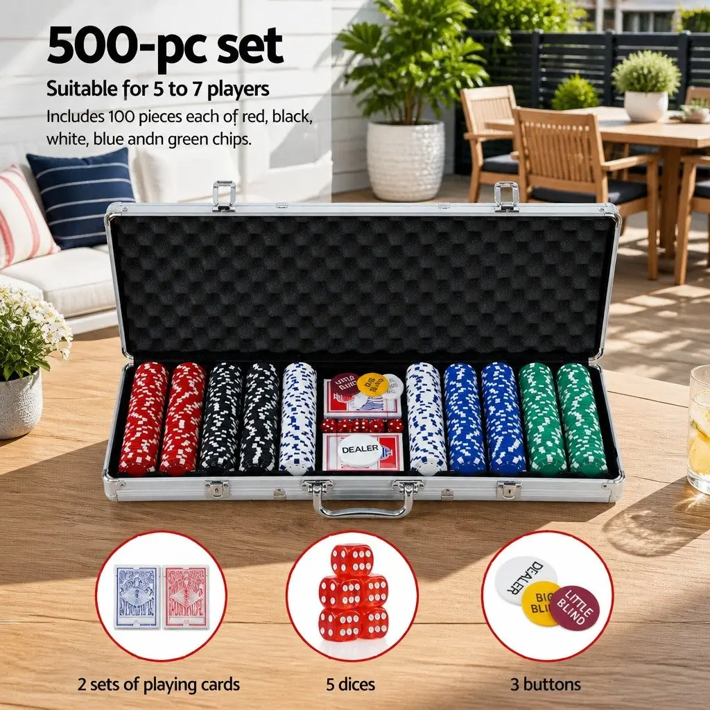 500 Piece Poker Chips Set Texas Hold'em Casino Game with Cards Dices Buttons