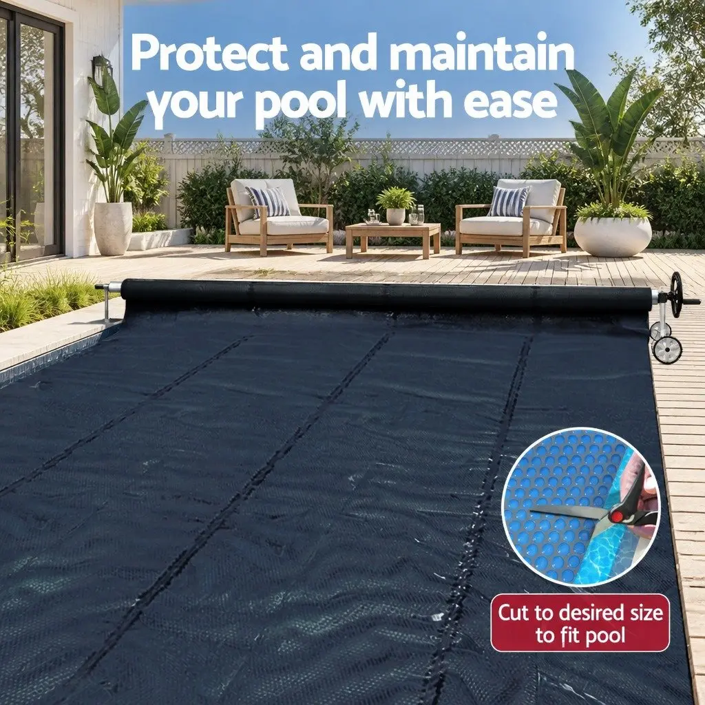 Pool Cover 10m x 4m Solar Blanket 600 Micron Blue Top Black Underside with Aluminium Roller Crank Wheel