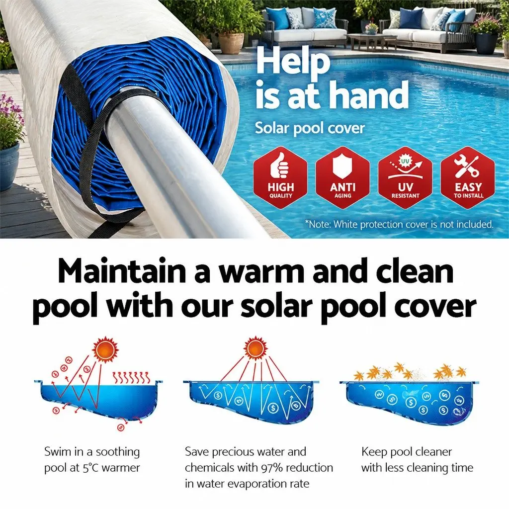 Pool Cover Solar Blanket 10.5m x 4.2m Blue with Aluminium Roller 500 Micron