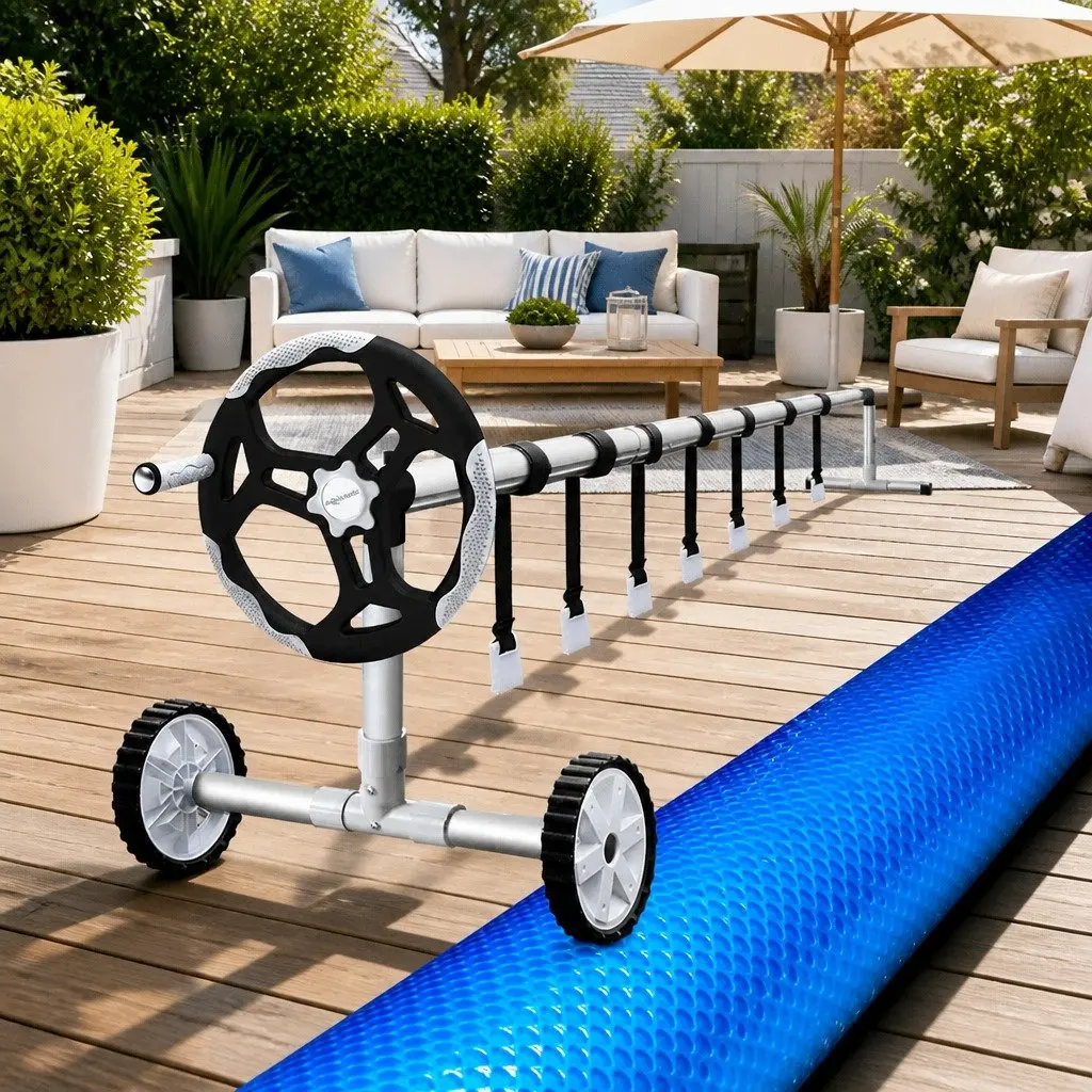 Solar Blanket Pool Cover 10.5x4.2m 500 Micron Blue with Adjustable Aluminium Roller