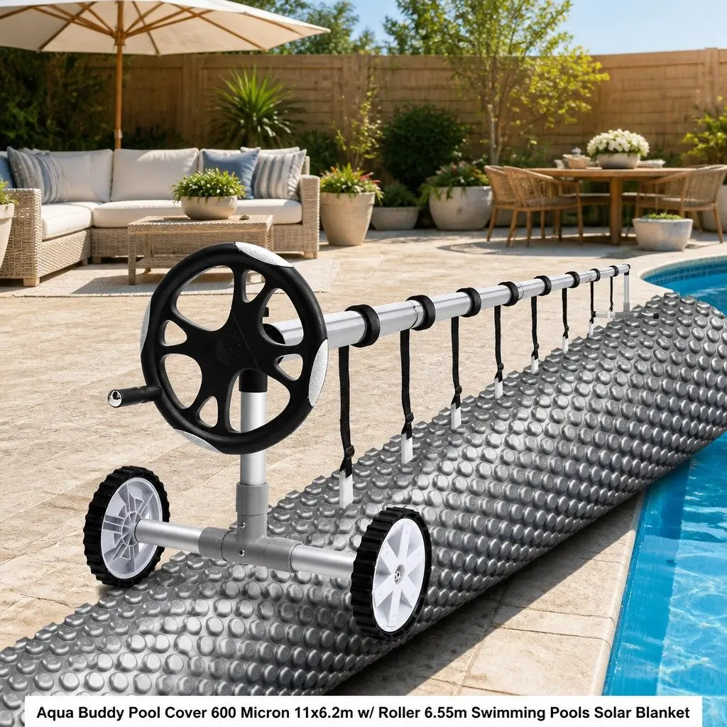 Pool Cover 11m x 6.2m Solar Blanket 600 Micron with Aluminium Roller 6.55m