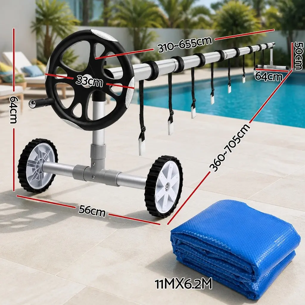 Pool Cover 11x6.2m 400 Micron Solar Blanket with Aluminium Roller Blue Silver