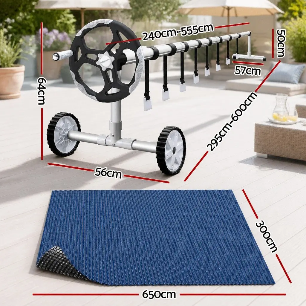Solar Pool Cover 6.5x3m 600 Micron with Aluminium Roller 5.55m Black Blue