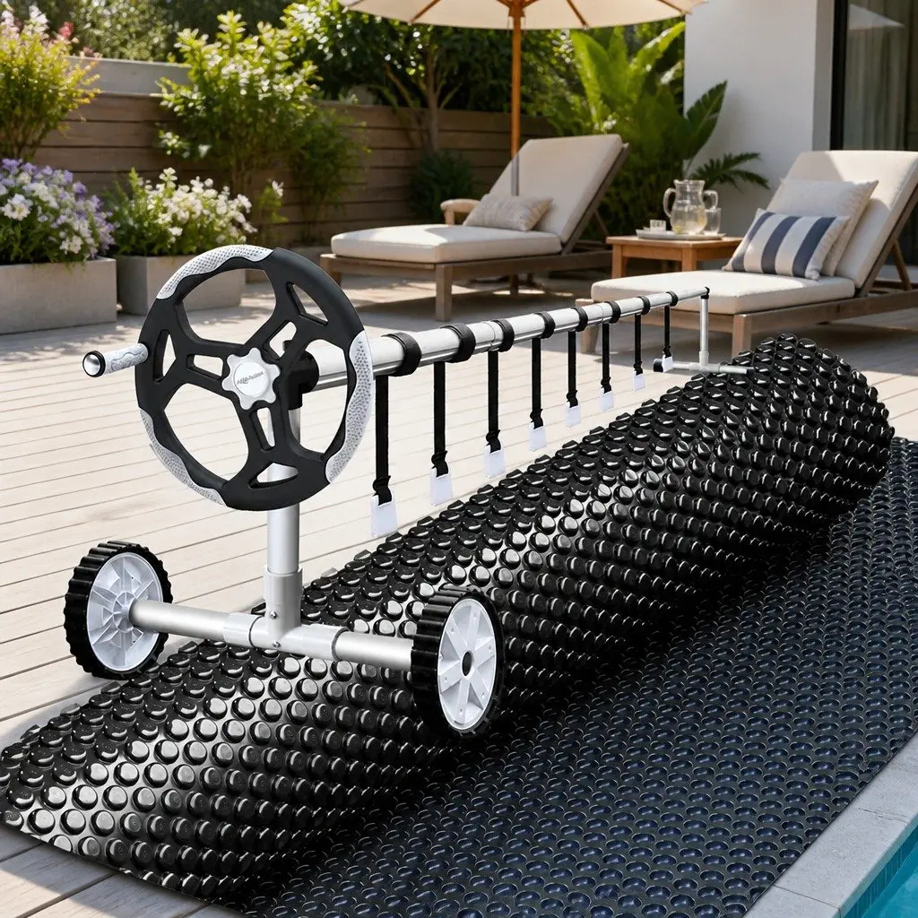 Solar Pool Cover 6.5x3m 600 Micron with Aluminium Roller 5.55m Black Blue