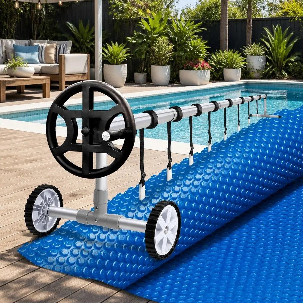 Pool Cover Solar Blanket 6.5m x 3m Blue 600 Micron with Aluminium Roller Crank Wheel