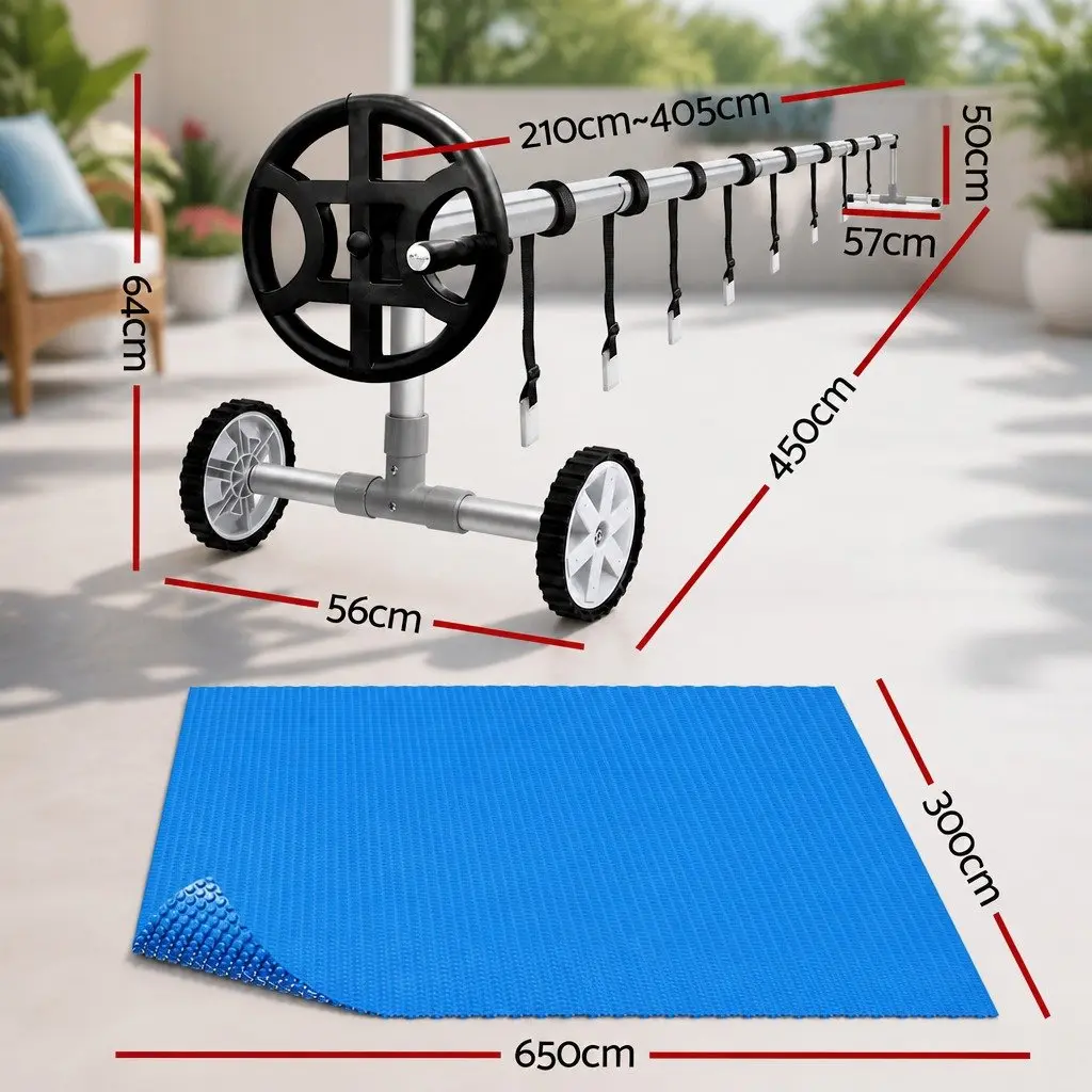 Pool Cover Solar Blanket 6.5m x 3m Blue 600 Micron with Aluminium Roller Crank Wheel