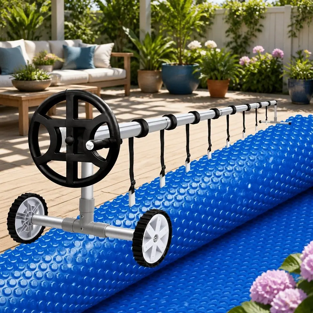 Pool Cover Solar Blanket 6.5m x 3m Blue 600 Micron with Aluminium Roller Crank Wheel