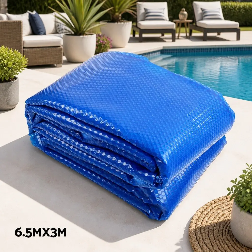 Pool Cover 6.5m x 3m Solar Blanket with Aluminium Roller 400 Micron Blue Silver
