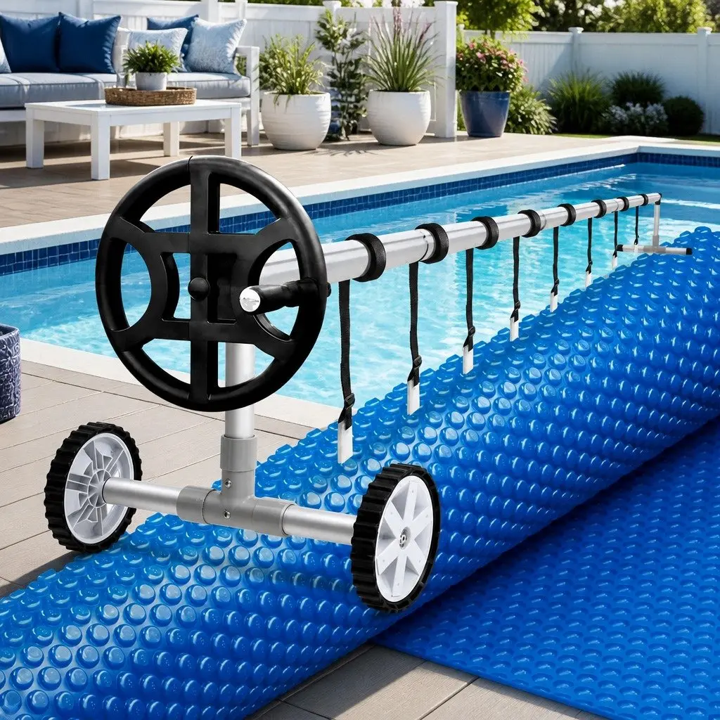 Pool Cover 7x4m Solar Blanket 600 Micron with Aluminium Roller Crank Wheel