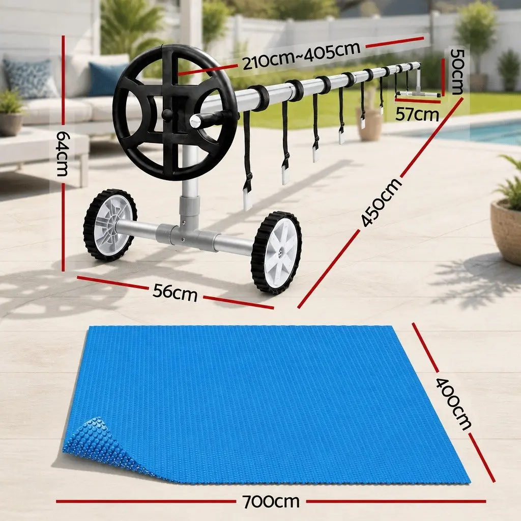 Pool Cover 7x4m Solar Blanket 600 Micron with Aluminium Roller Crank Wheel